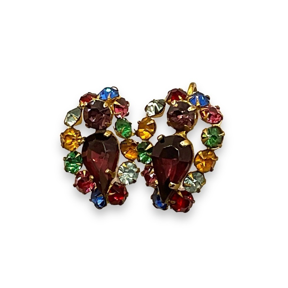 Vintage Earrings Clip On Rainbow Rhinestone Multicoloured Jewels Gold Tone Screw